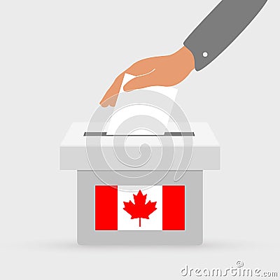 Flat hand putting vote bulletin into ballot box with flag icon. Election concept in Ð¡anada Cartoon Illustration
