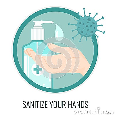 Hand sanitizer bottle icon badge, round sticker with a droplet of liquid soap or gel on hand for prevention against corona virus. Vector Illustration