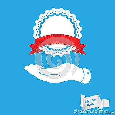Flat hand showing badge with red ribbon icon Vector Illustration