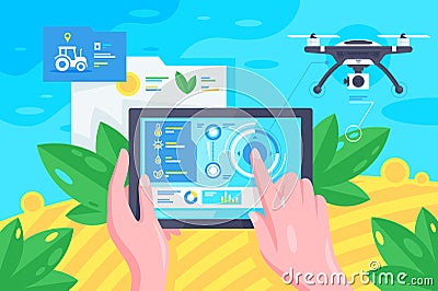 Flat hand with tablet, drone at field for smart farming. Cartoon Illustration