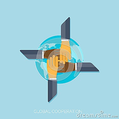 Flat hands. Global cooperation concept background. Business and moneymaking. Marketing and management. Teamwork and Vector Illustration