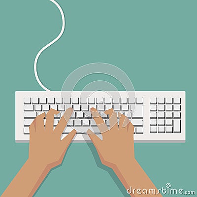 Flat Hands typing on white keyboard with cable Vector Illustration