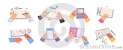 Flat hands write in notebook, decorate diary or journal. Organize office document or personal planner. To do list or Vector Illustration