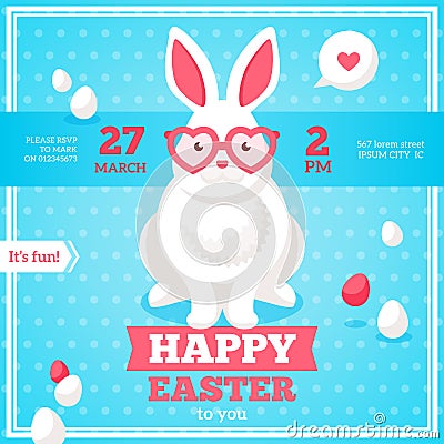 Flat Happy Easter Banner with Rabbit Vector Illustration