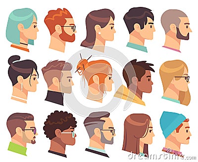 Flat heads in profile. Different human heads, male and female with various hairstyles and accessories. Colorful web Vector Illustration