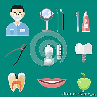 Flat health care dentist medical tools medicine instrument hygiene stomatology vector illustration. Vector Illustration