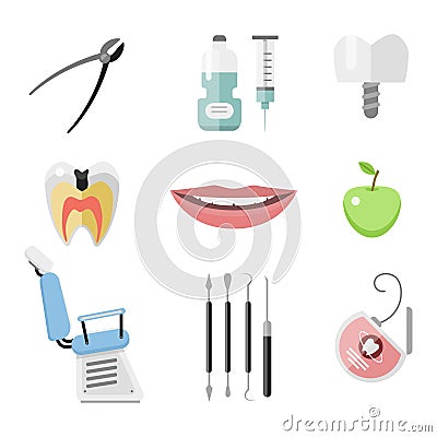 Flat health care dentist medical tools medicine instrument hygiene stomatology vector illustration. Vector Illustration