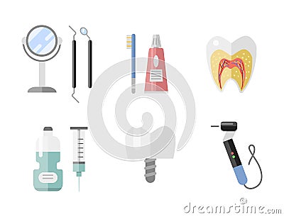 Flat health care dentist medical tools medicine instrument hygiene stomatology vector illustration. Vector Illustration