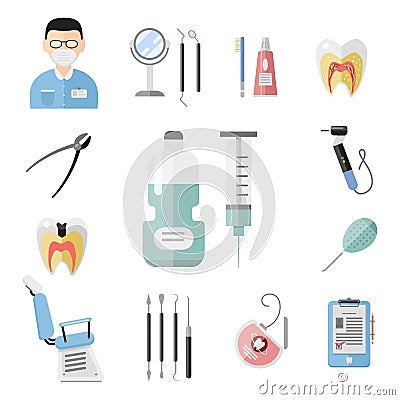 Flat health care dentist medical tools medicine instrument hygiene stomatology vector illustration. Vector Illustration