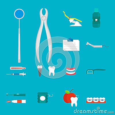 Flat health care dentist medical tools medicine instrument hygiene stomatology vector illustration. Vector Illustration