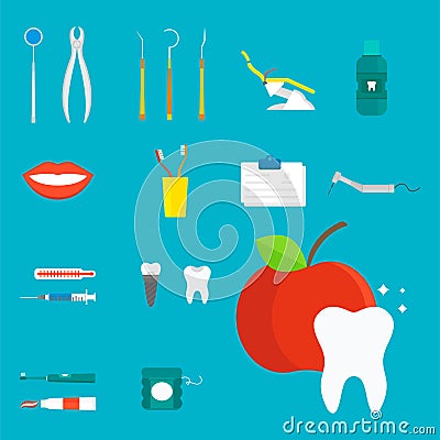 Flat health care dentist medical tools medicine instrument hygiene stomatology vector illustration. Vector Illustration