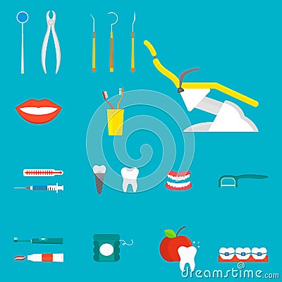 Flat health care dentist medical tools medicine instrument hygiene stomatology vector illustration. Vector Illustration