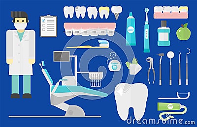 Flat health care dentist symbols research medical tools healthcare system concept and medicine instrument hygiene Vector Illustration