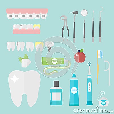 Flat health care dentist symbols research medical tools healthcare system concept and medicine instrument hygiene Vector Illustration