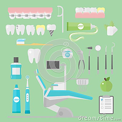 Flat health care dentist symbols research medical tools healthcare system concept and medicine instrument hygiene Vector Illustration