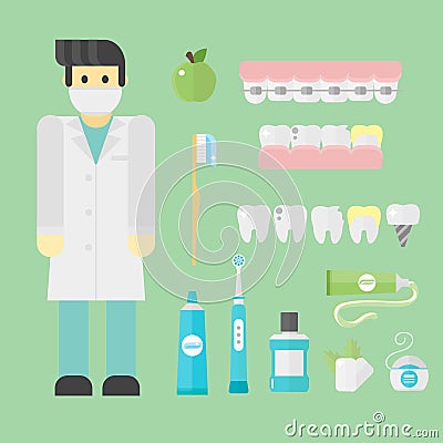 Flat health care dentist symbols research medical tools healthcare system concept and medicine instrument hygiene Vector Illustration