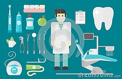 Flat health care dentist symbols research medical tools healthcare system concept and medicine instrument hygiene Vector Illustration