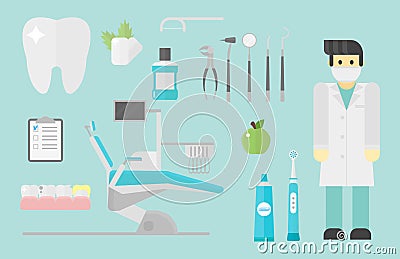 Flat health care dentist symbols research medical tools healthcare system concept and medicine instrument hygiene Vector Illustration