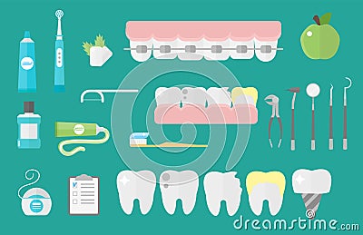 Flat health care dentist symbols research medical tools healthcare system concept and medicine instrument hygiene Vector Illustration