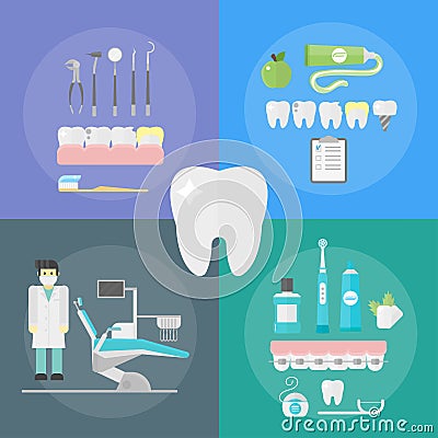 Flat health care dentist symbols research medical tools healthcare system concept and medicine instrument hygiene Vector Illustration