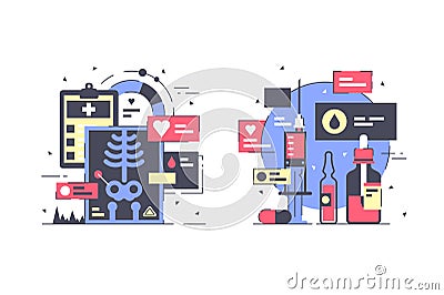 Flat health icon set with modern xray, medical equipment. Cartoon Illustration