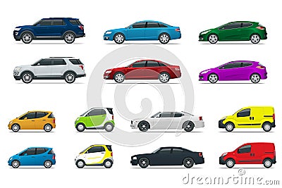 Flat high quality city transport car icon set. Sedan, van, cargo truck, off-road. Urban public and freight transport for Vector Illustration