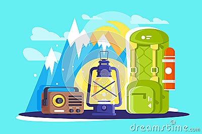 Flat hiking and travelling equipment with backpack, lamp, radio. Vector Illustration