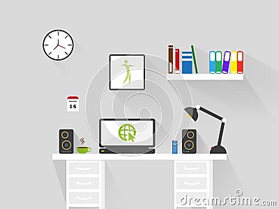 Flat home office workspace interior . long shadow vector background Vector Illustration