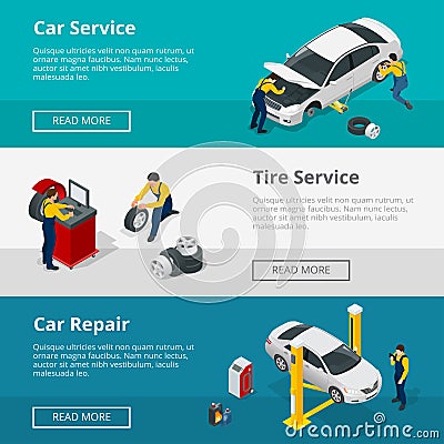 Flat horizontal banners with scenes workers in Car repair service center, Tire service and car repair mechanics. Vector Vector Illustration