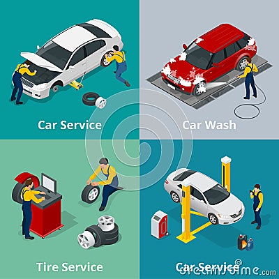 Flat horizontal banners with scenes workers in Car repair service center, Tire service, car wash and car repair Vector Illustration