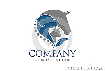 Horse, Dog, Cat Animal With Blue Leaf Logo Design Vector Illustration