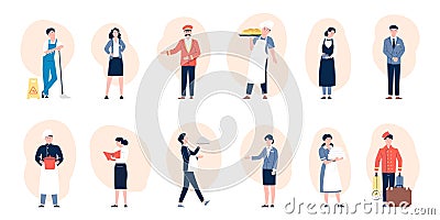 Flat hospitality workers, hotel restaurant team. People wear uniform, baker and waiter, cleaners and porter. Service Vector Illustration