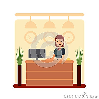 Flat hotel reception desk with young woman receptionist. Girl manager standing, business office concept. Welcome registration stoc Cartoon Illustration