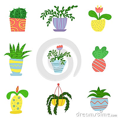 Flat house plants in a cartoon style. Set of flowers in pots. Interior. Vector illustration Vector Illustration