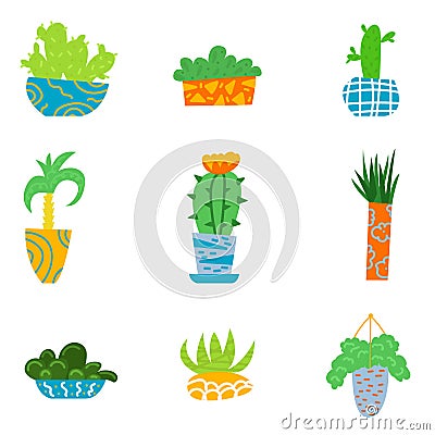 Flat house plants in a cartoon style. Set of flowers in pots. Interior. Vector illustration Vector Illustration