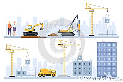 Flat houses construction process stages with building machinery. Engineers, excavator and crane build. Real estate Vector Illustration