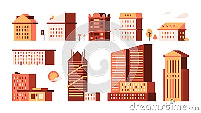 Flat houses. Simple urban buildings minimalism style garish vector illustrations town houses home constructions Vector Illustration