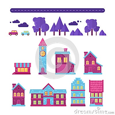 Flat houses trendy set of buildings icons Vector Illustration