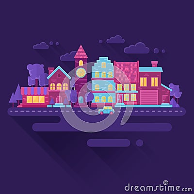 Flat houses trendy set of buildings icons Stock Photo