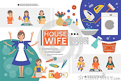 Flat Housewife Life Template Vector Illustration