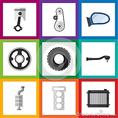 Flat Icon Auto Set Of Packing, Wheel, Auto Component And Other Vector Objects. Also Includes Spherical, Piston, Gasket Vector Illustration