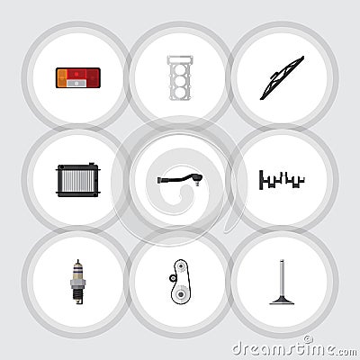 Flat Icon Auto Set Of Steels Shafts, Cambelt, Heater And Other Vector Objects. Also Includes Taillight, Cambelt, Steel Vector Illustration