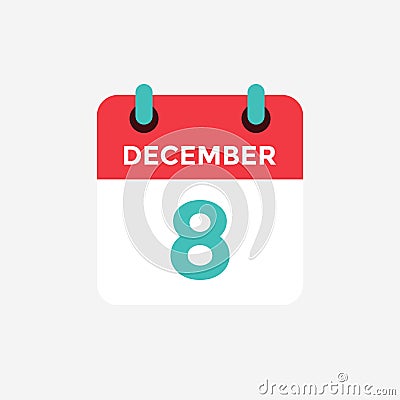 Flat icon calendar 8 December. Date, day and month. Vector Illustration