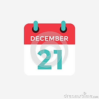 Flat icon calendar 21 December. Date, day and month. Vector Illustration