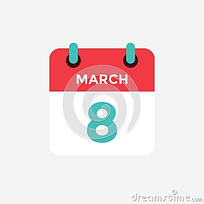 Flat icon calendar 8 of March. Date, day and month. Vector Illustration