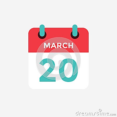 Flat icon calendar 20 of March. Date, day and month. Vector Illustration