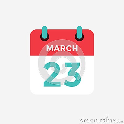 Flat icon calendar 23 of March. Date, day and month. Vector Illustration