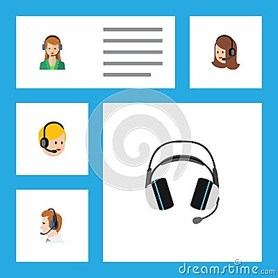 Flat Icon Center Set Of Secretary, Earphone, Telemarketing And Other Vector Objects. Also Includes Hotline, Call Vector Illustration