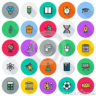 Flat icon collection. School education. Cartoon Illustration