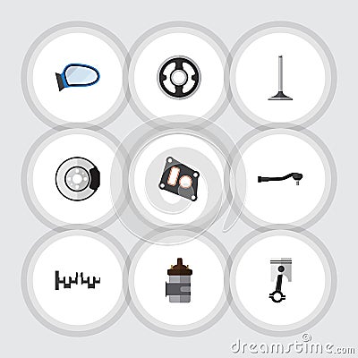 Flat Icon Component Set Of Auto Component, Gasket, Belt And Other Vector Objects. Also Includes Tool, Crankshaft Vector Illustration